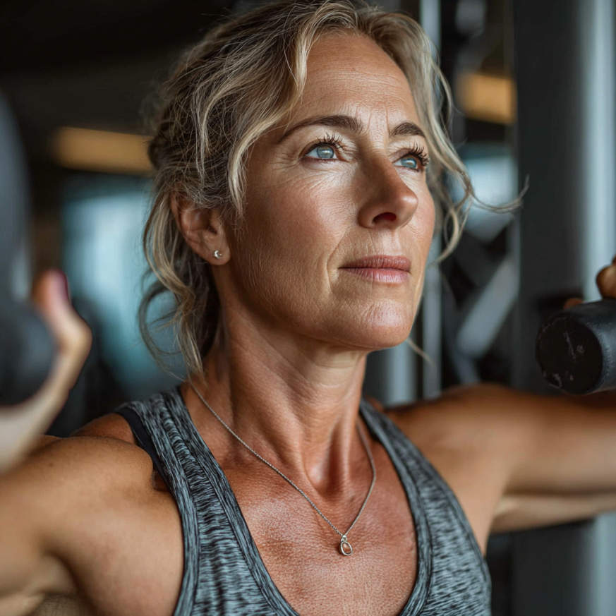 Група възрастни хора се упражняват в светла зала